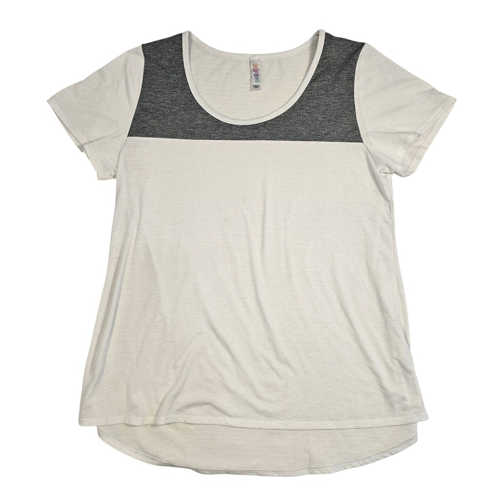 LuLaRoe Randy Tee Womens Large Cream Charcoal Grey Colorblock Short Sleeve Shirt